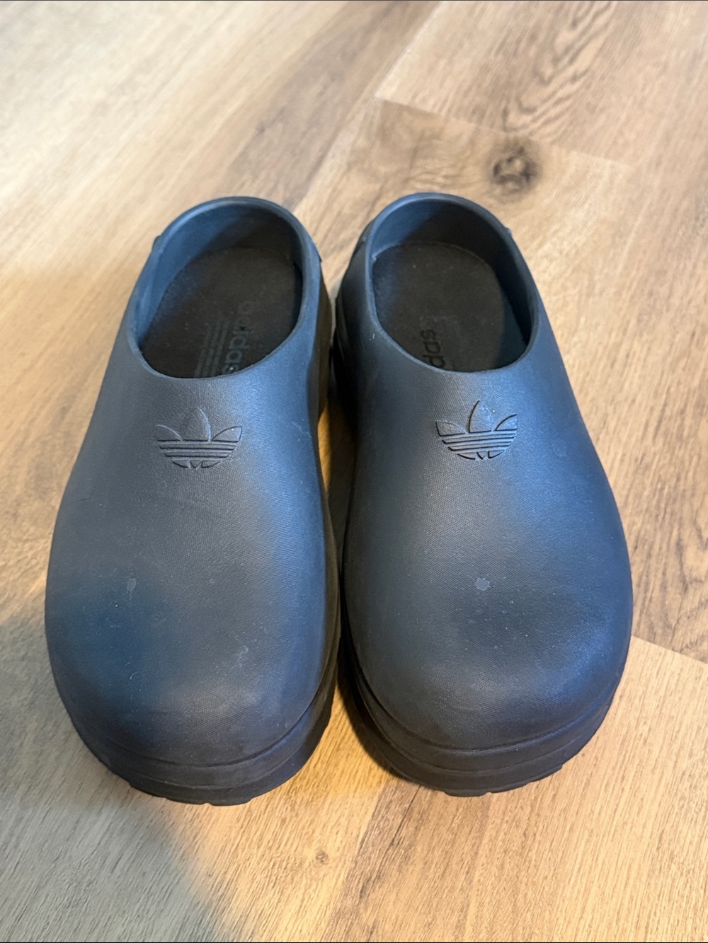 adidas Black Minimalist Slip-On Clogs with Trefoil